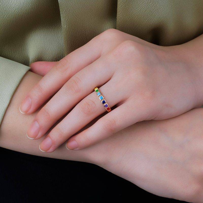 Rainbow Enamel And Rose Gold Wedding Band