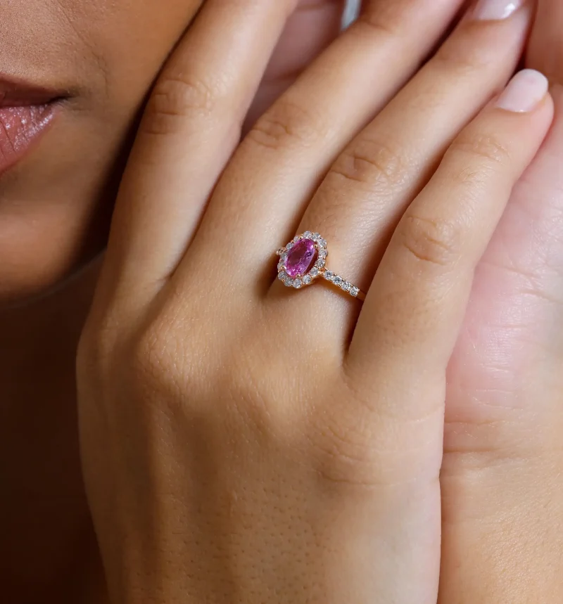 Pink Sapphire Diamond Halo 1.44ct Ring