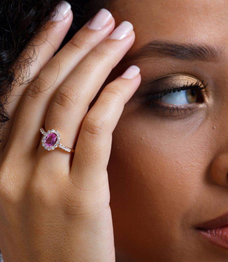 Pink Sapphire Diamond Halo 1.44ct Ring