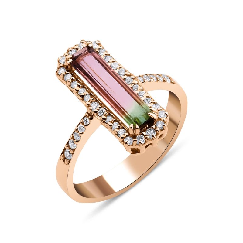 Watermelon Tourmaline And Diamond Cluster 1.46ct Ring