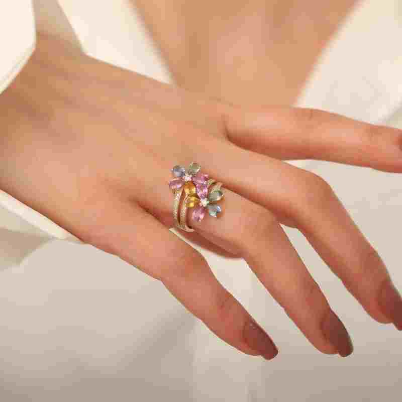 Rainbow Flower 3.45ct Sapphire And Diamond Ring