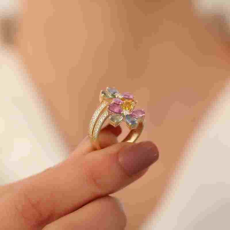 Rainbow Flower 3.45ct Sapphire And Diamond Ring