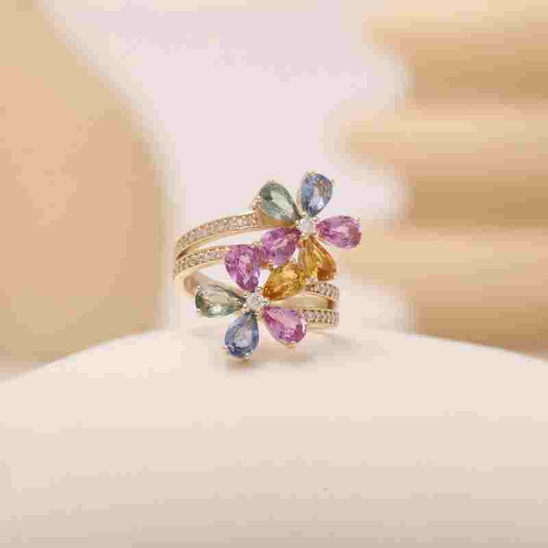 Rainbow Flower 3.45ct Sapphire And Diamond Ring