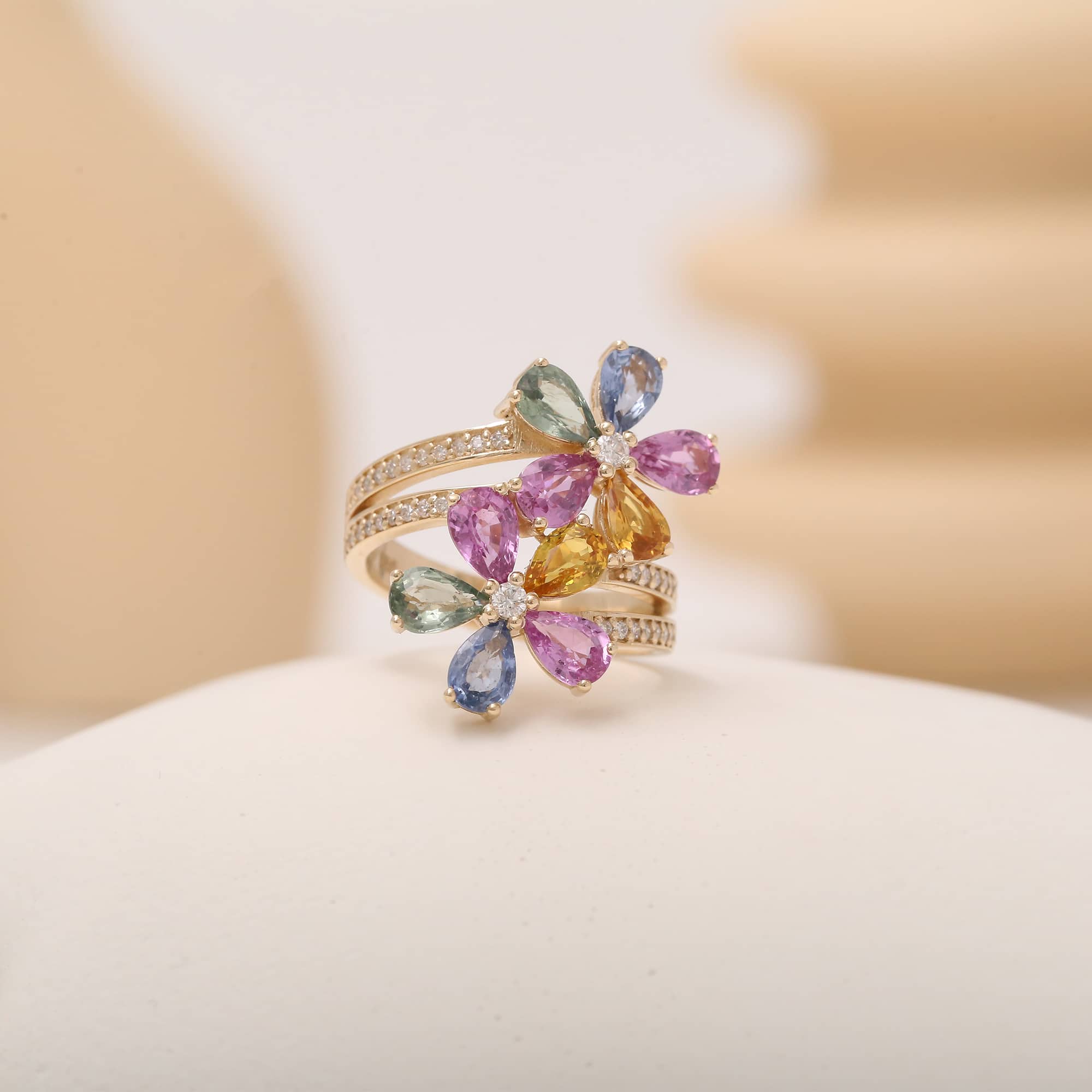 Rainbow Flower 3.45ct Sapphire And Diamond Ring