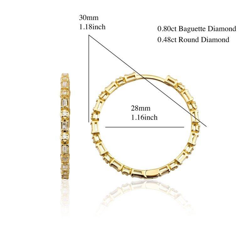 Solid Gold 1.28ct Baguette Diamond Hoop Earrings