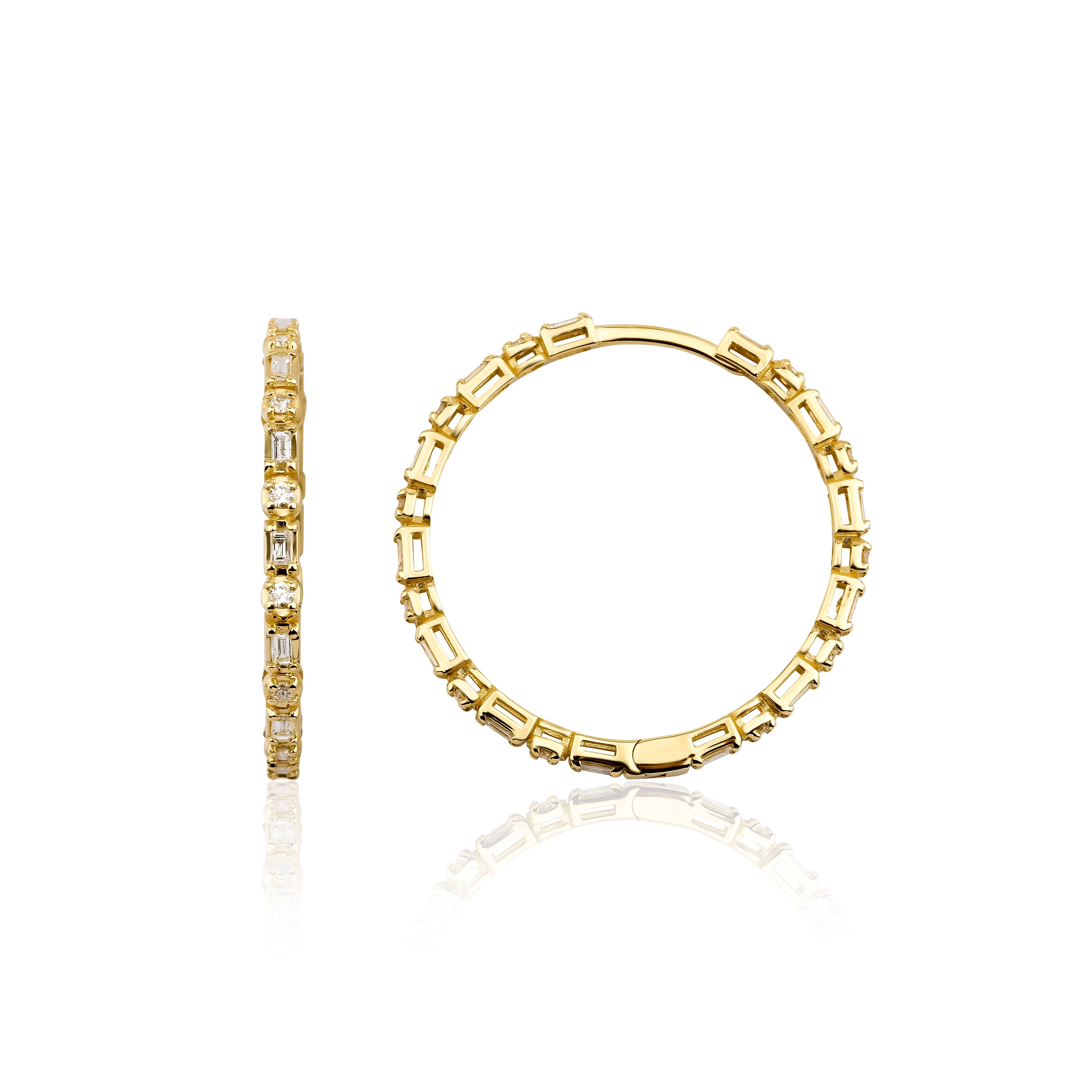 Solid Gold 1.28ct Baguette Diamond Hoop Earrings