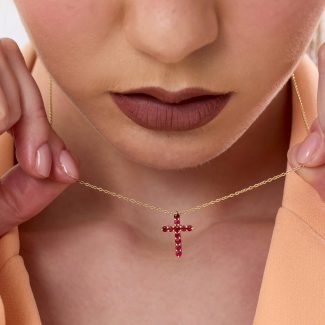 0.55ct Natural Ruby And Solid Gold Cross Necklace