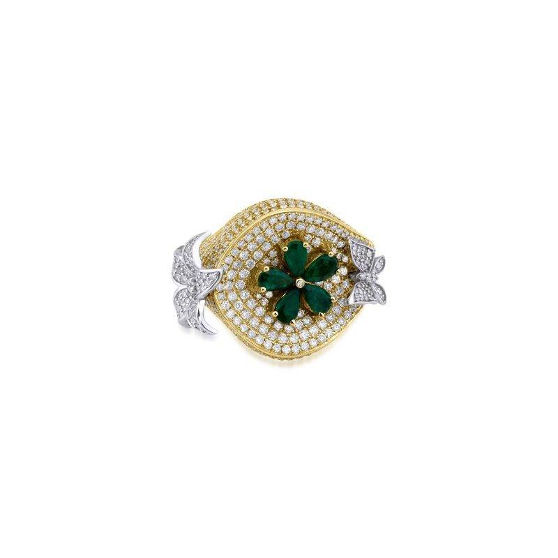 Emerald And Diamond Flower 3.08ct Ring