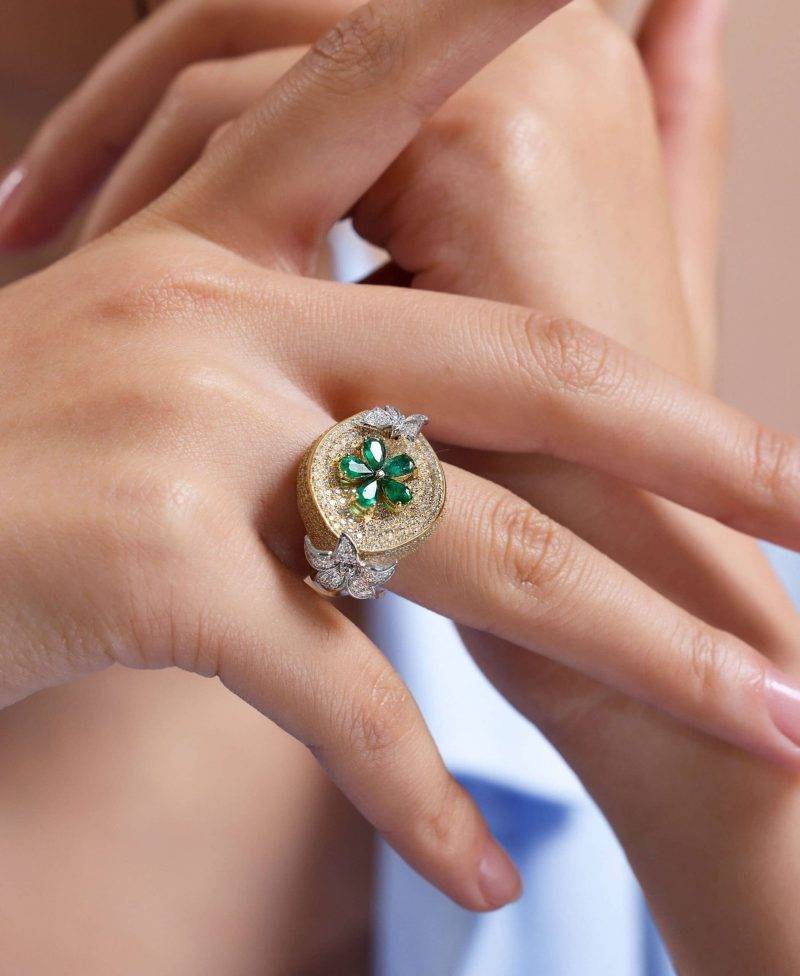 Emerald And Diamond Flower 3.08ct Ring