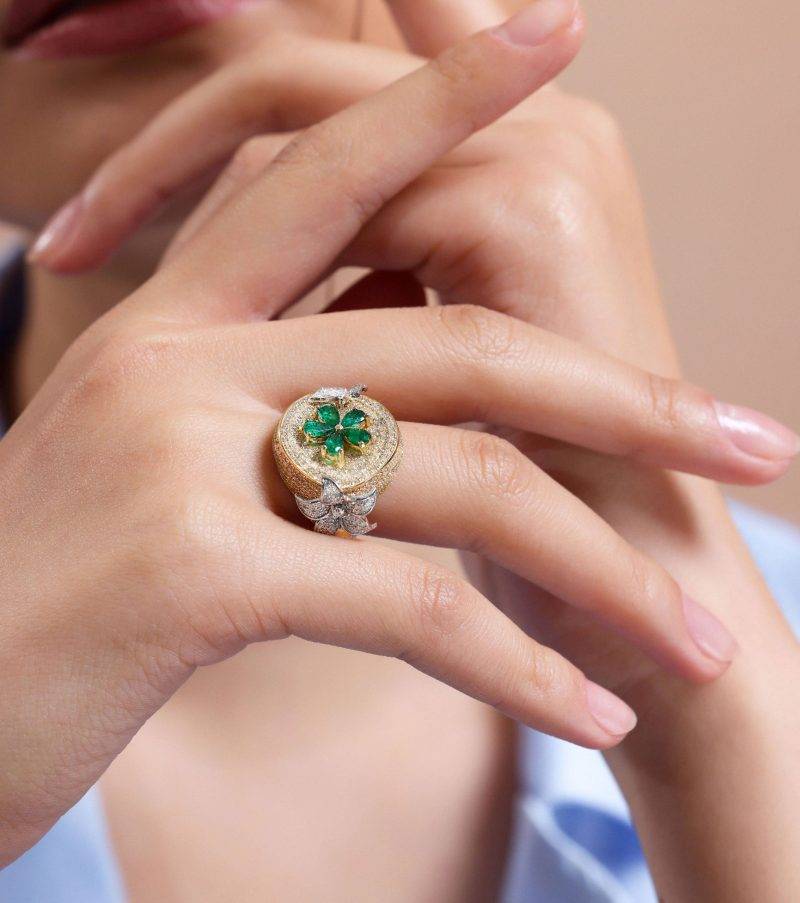 Emerald And Diamond Flower 3.08ct Ring