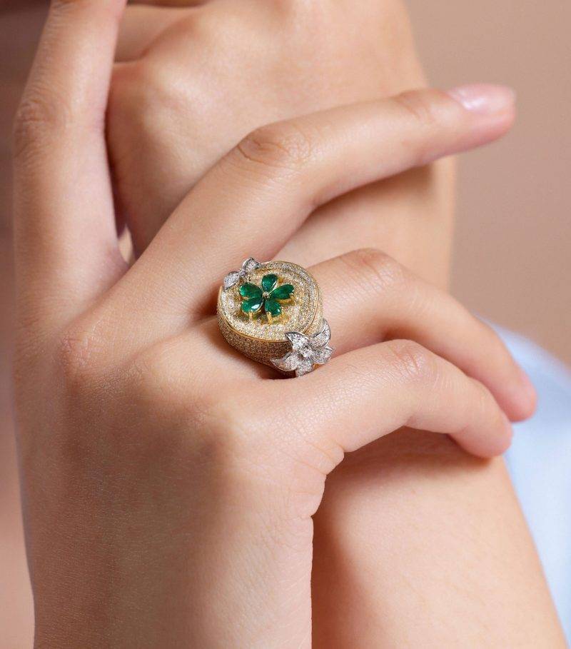 Emerald And Diamond Flower 3.08ct Ring