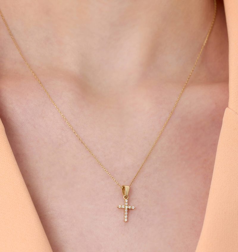 0.13ct Natural Diamond and Solid Gold Cross Necklace