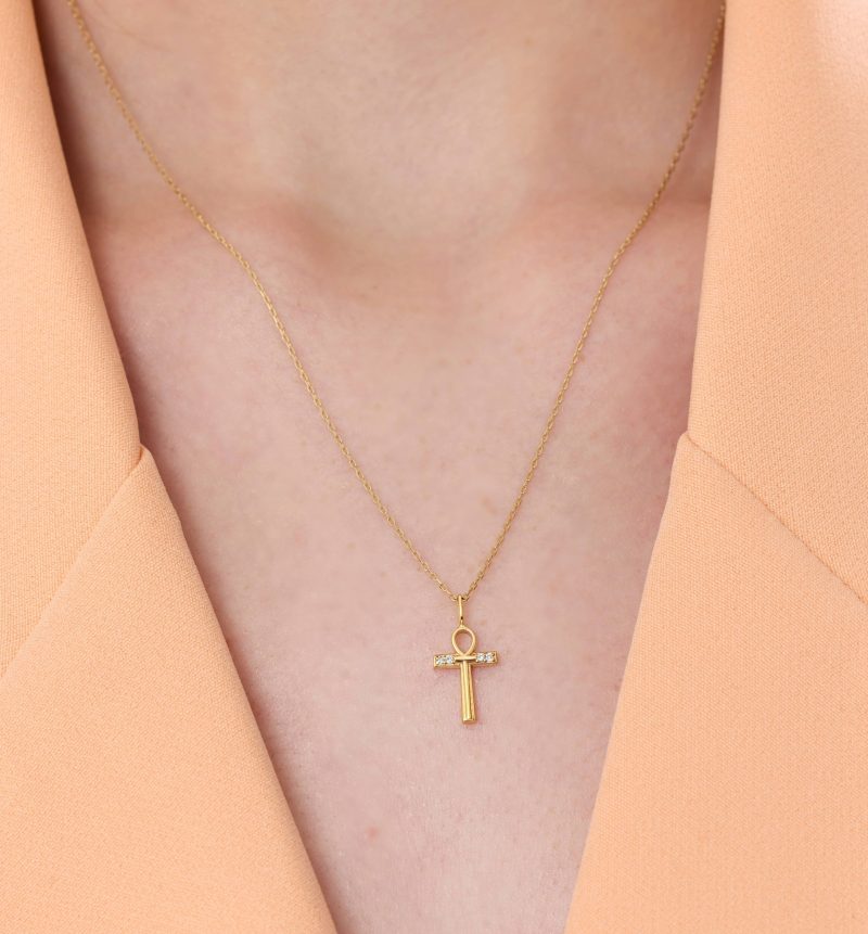 0.03ct Natural Diamond and Solid Gold Ankh Cross Necklace