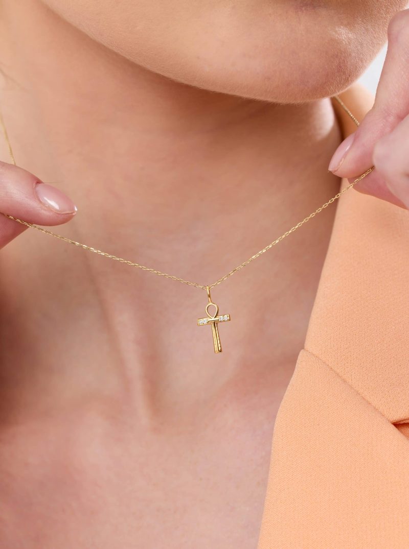 0.03ct Natural Diamond and Solid Gold Ankh Cross Necklace