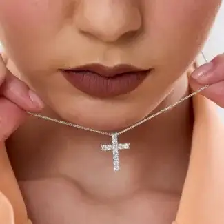 0.74ct Natural Diamond and Solid Gold Cross Necklace