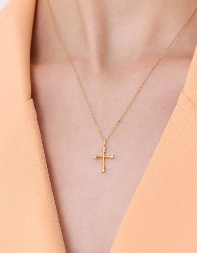 0.08ct Natural Diamond and Solid Gold Cross Necklace