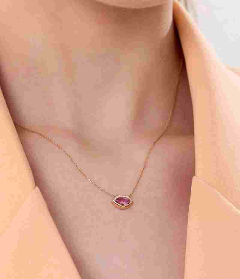 Pink Sapphire '' Kiss '' Solid Gold Necklace