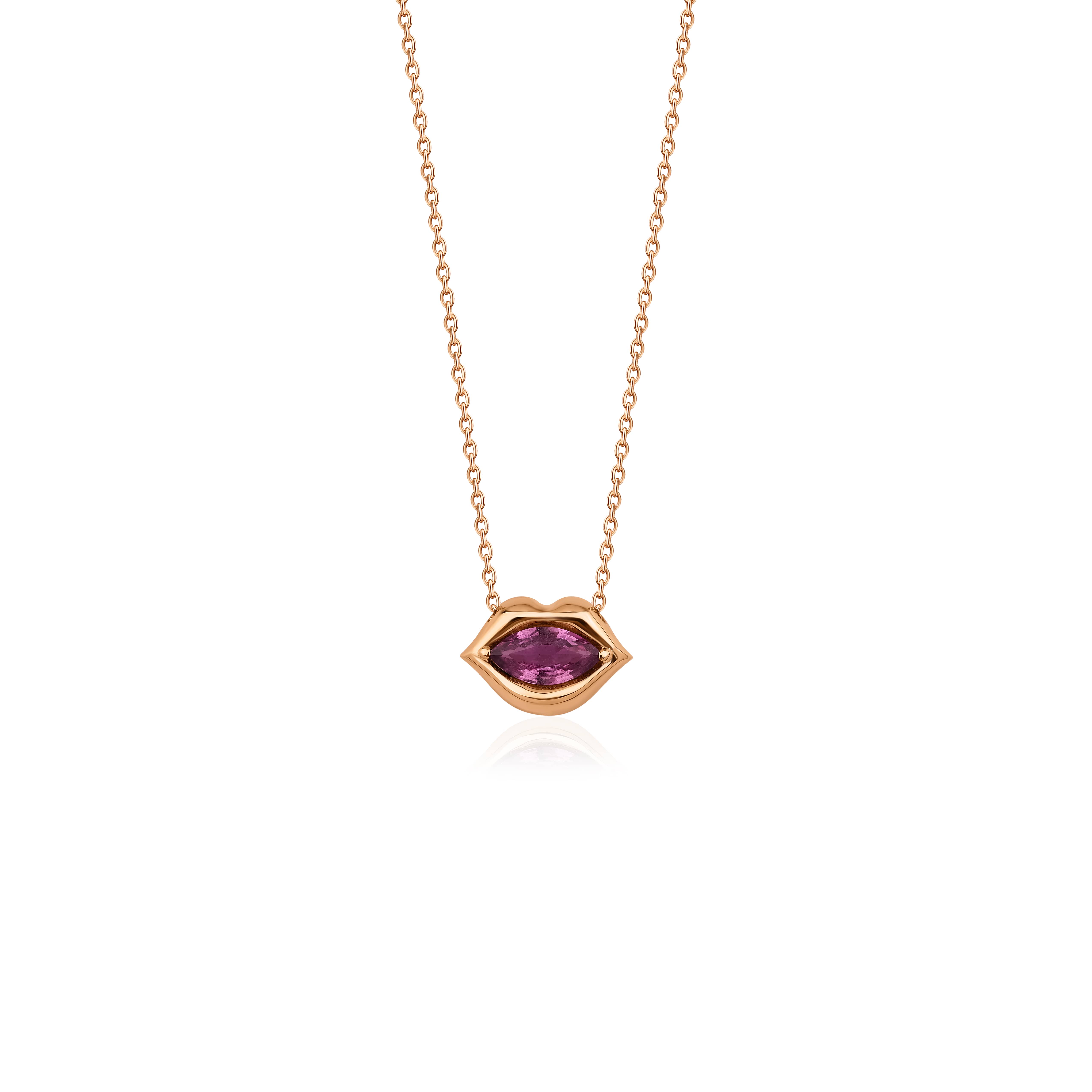 Pink Sapphire '' Kiss '' Solid Gold Necklace